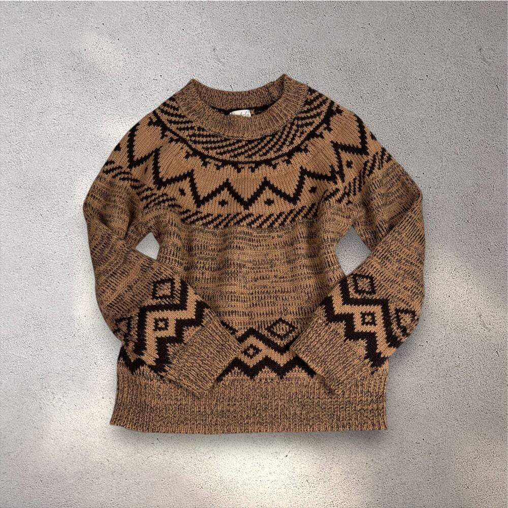 Wonderly Fair Isle Printed Sweater Women's L Brown Cabincore Rustic Boho Winter - Picture 2 of 9